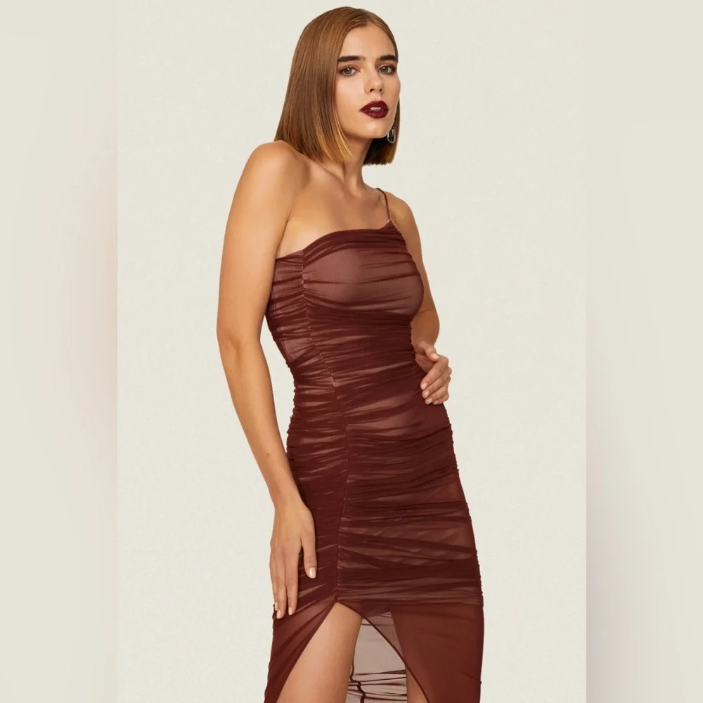 Nookie Sz Medium Brown Mecca Ruched Mesh One Shoulder Slit Sleeveless Gown sexy - Picture 4 of 7